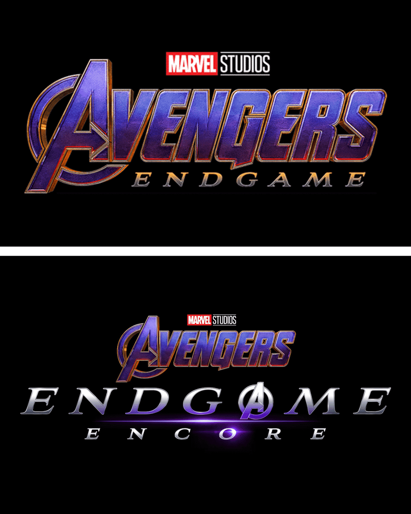 'Avengers: Endgame' logo, 'Avengers: Endgame Encore' logo.