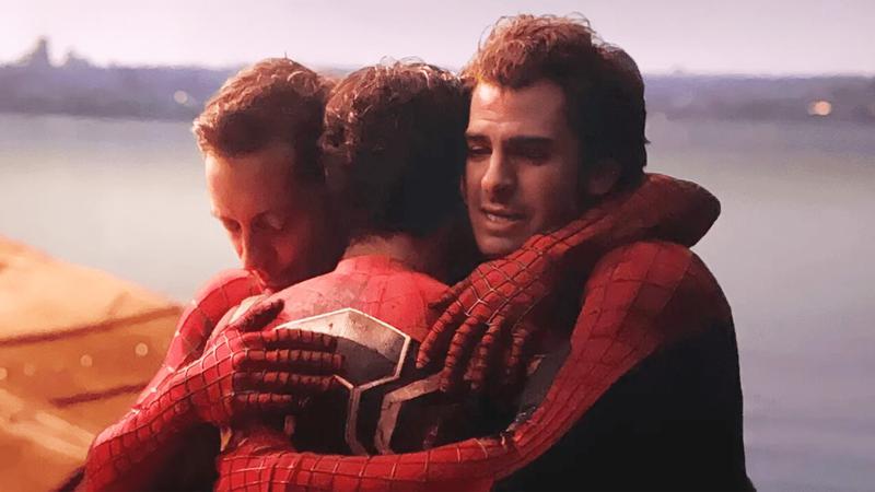 Tobey Maguire, Tom Holland, and Andrew Garfield as Spider-Man in 'Spider-Man: No Way Home.'