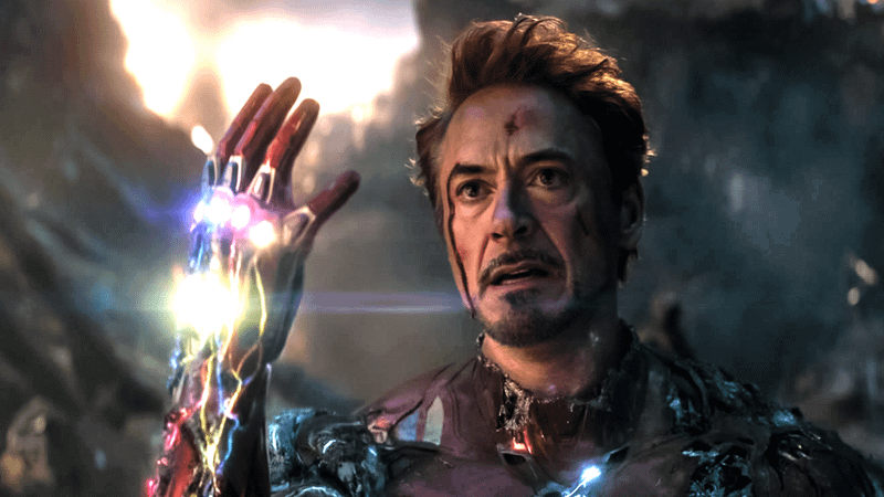 Robert Downey Jr.'s Iron Man with the Infinity Stones in Avengers: Endgame.