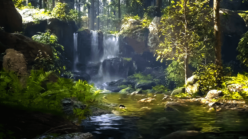 A waterfall in a forest shown in a trailer for Kingdom Hearts 4.