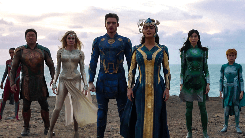 The Eternals team which includes Ikaris, Sersi, Makkari, Ajak, Gilgamesh and Thena.