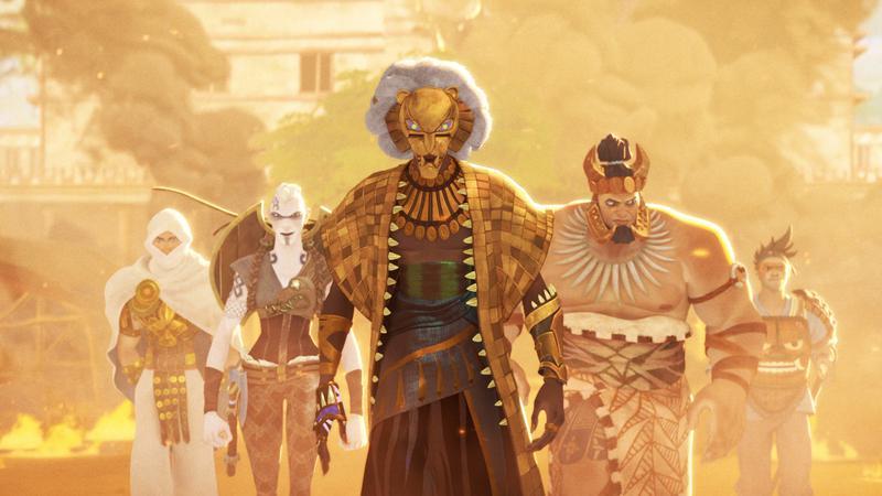 The Wakandan Warriors walking toward the camera in Eyes of Wakanda