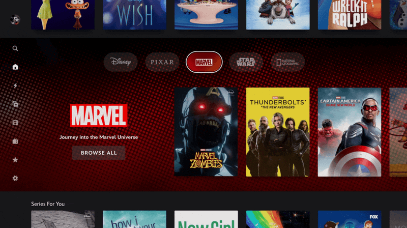 The new Marvel Disney+ section featuring titles presented front and center
