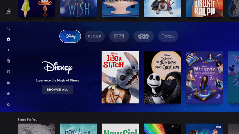 Disney section on the new Disney+ app