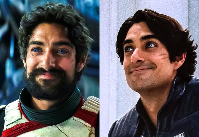 Eman Esfandi as Ezra Bridger with a beard in Ahsoka Season 1, Eman Esfandi as Ezra Bridger without a beard in Ahsoka Season 2