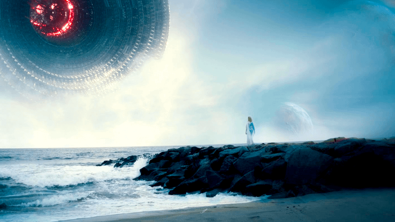 Galactus' ship coming up to a rocky landing on a beach and Shalla-Bal in The Fantastic Four: First Steps