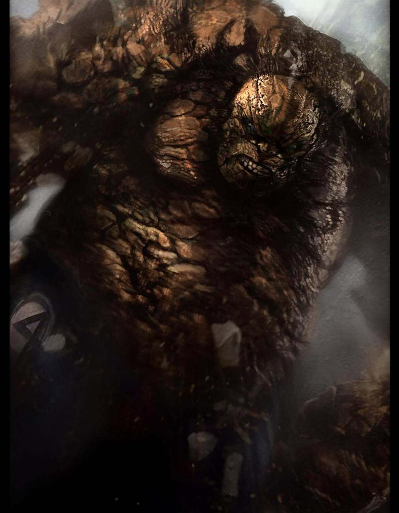 Massive Thing charging in Fantastic Four 3 concept art up close.