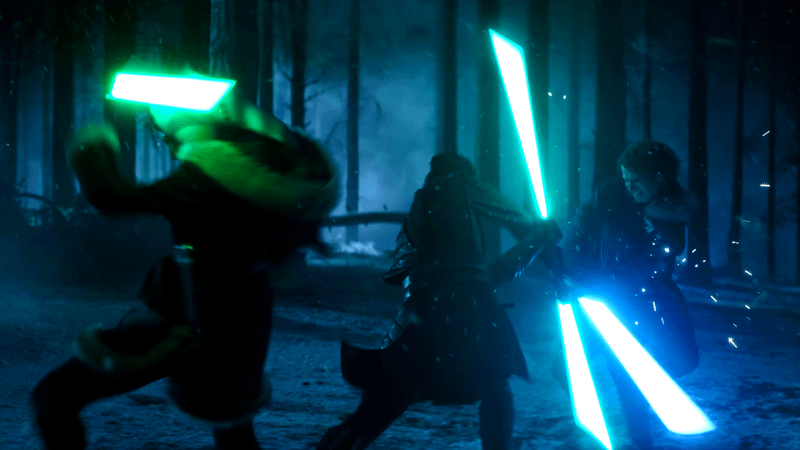 Anakin and Ahsoka fighting a lightsaber wielding character in Ahsoka.
