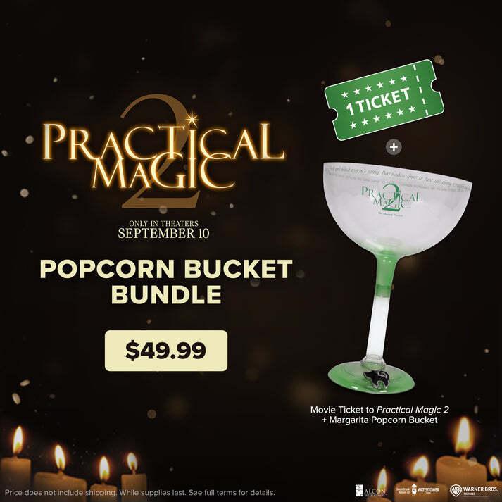 Ad for Practical Magic 2 margarita glass popcorn bucket and ticket combo from Fandango.