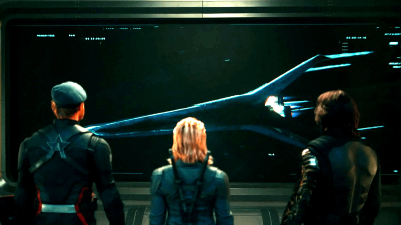 U.S. Agent, Yelena Belova, and Bucky Barnes looking at a rocket ship in a monitor in Thunderbolts*