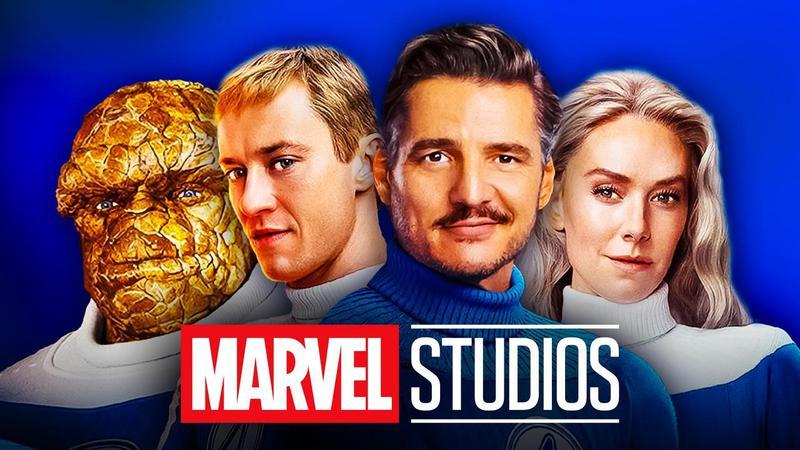 Ben Grimm, Johnny Storm, Reed Richards and Sue Storm from The Fantastic Four: First Steps, Marvel Studios logo