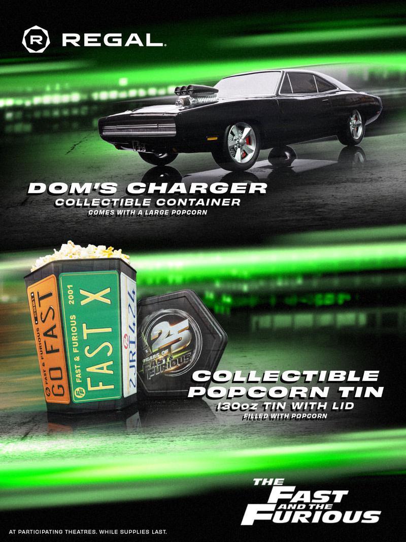 Regal popcorn bucket & Fast & Furious collectibles.