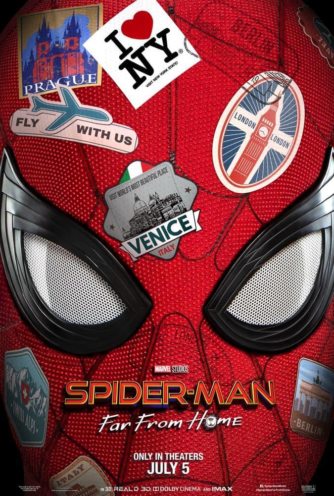 Spider-Man’s mask covered in travel stickers in poster for Spider-Man: Far From Home.