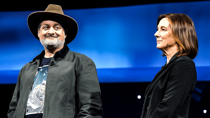 Dave Filoni and Kathleen Kennedy on stage together.