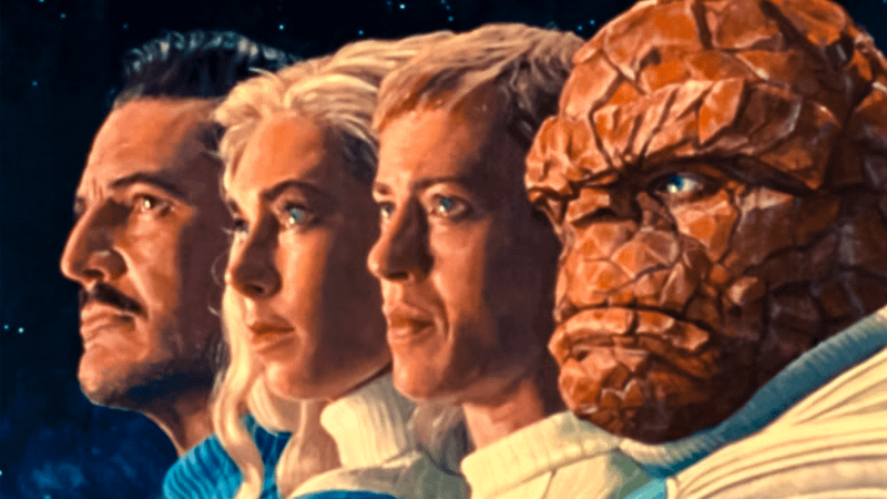 The cast of Fantastic Four standing together side-by-side in Fantastic Four: First Steps