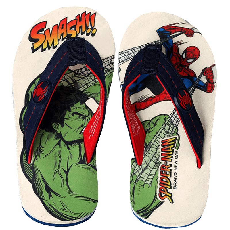 A close-up image of a pair of flip flops depict Spider-Man fighting Hulk in Spider-Man: Brand New Day.