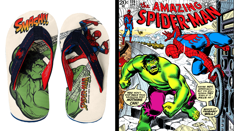 A side-by-side image of the flip flops depicting Spider-Man and Hulk next to a cover of the Amazing Spider-Man featuring a battle between the two heroes.