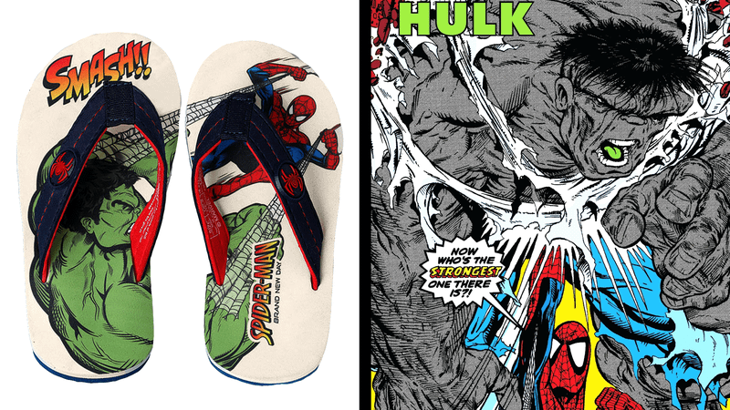 A side-by-side image of the flip flops depicting Spider-Man and Hulk next to a comic book cover showing Spider-Man fighting Hulk.