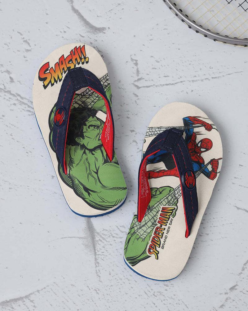 A pair of flip flops depict Spider-Man fighting Hulk in Spider-Man: Brand New Day.