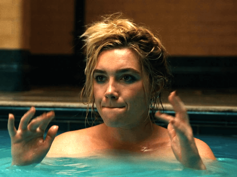Florence Pugh as Yelena Belova in a bathtub with her hands up looking forward in 'Spider-Man: Brand New Day.'