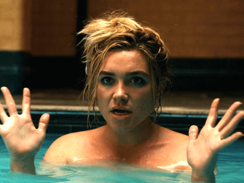 Florence Pugh as Yelena Belova in a bathtub with her hands raised in 'Spider-Man: Brand New Day.'