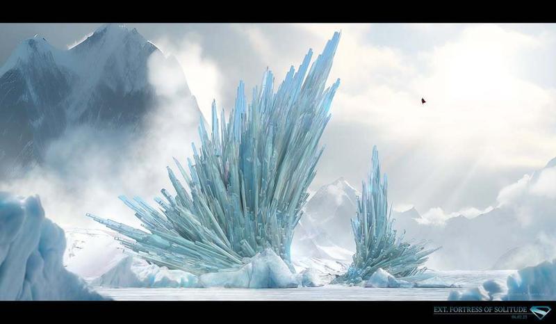 Fortress of Solitude alternate design concept art for Superman with additional ice structure on the right.