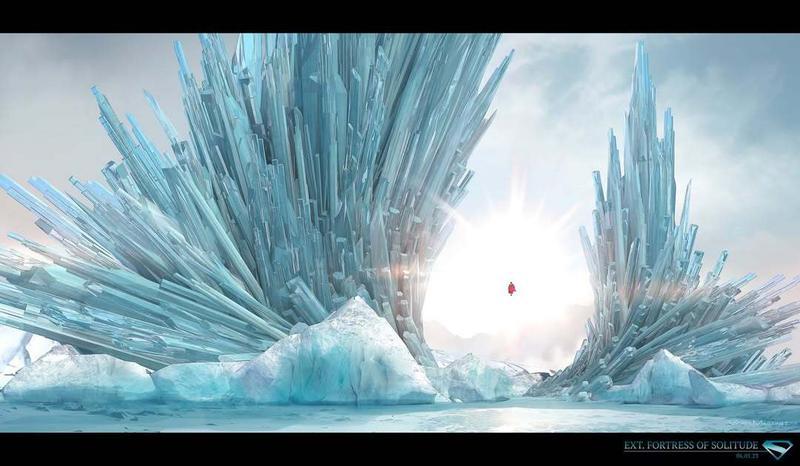 Fortress of Solitude alternate design concept art for Superman with a slightly closer-up view of Superman hovering between the two structures.