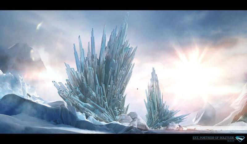 Fortress of Solitude alternate design concept art for Superman with additional structure on the right and sun shining more brightly behind it.