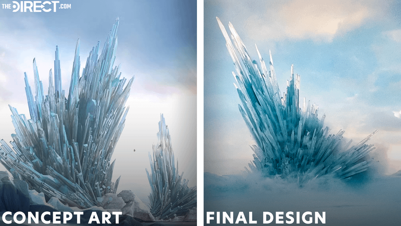 Superman 2025 Fortress of Solitude, concept art and final movie side by side with lower lighting.
