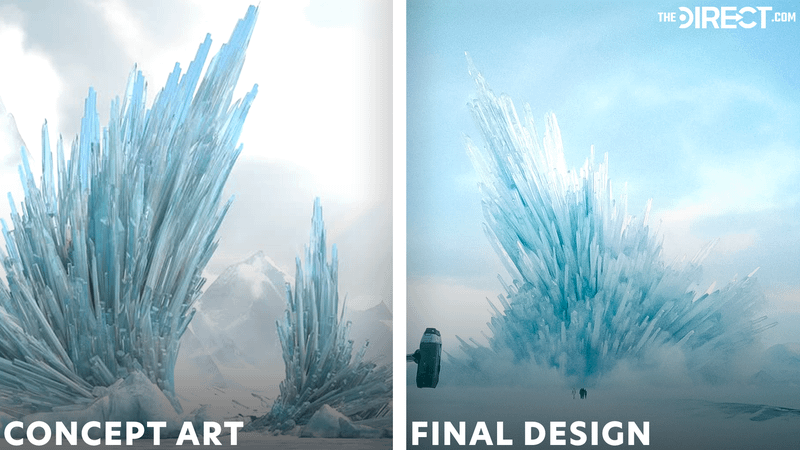 Superman 2025 Fortress of Solitude, concept art and final movie side by side with slightly brighter lighting.