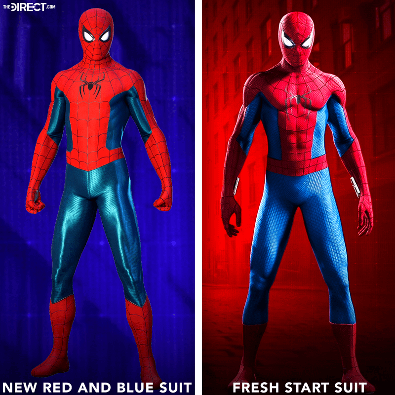 Marvel's Spider-Man 2 New Red and Blue Suit compared with Fresh Start Suit.
