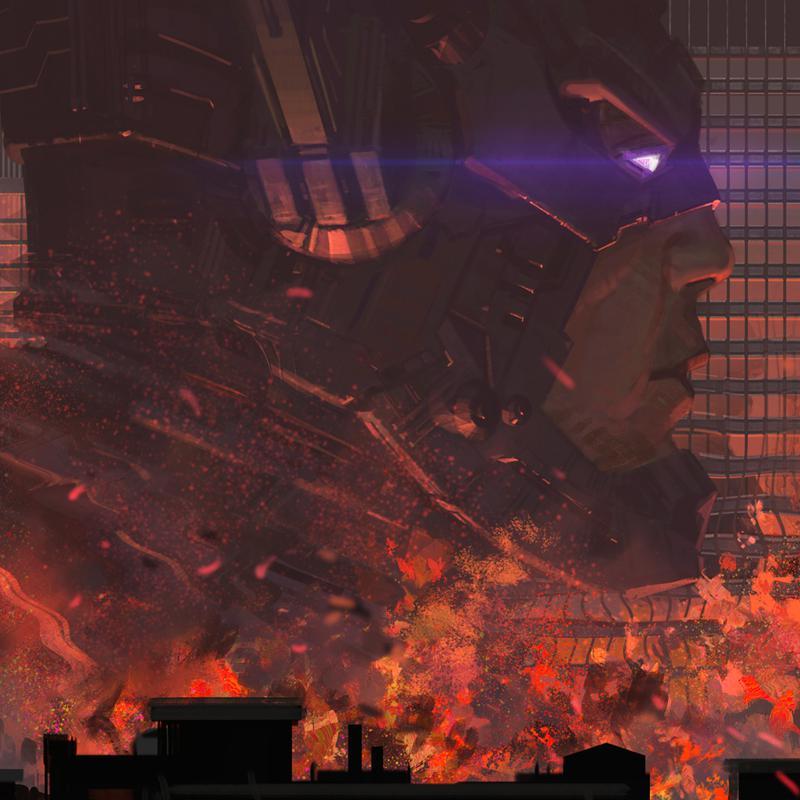 A close-up of Galactus walking through a flaming street in Fantastic Four: First Steps