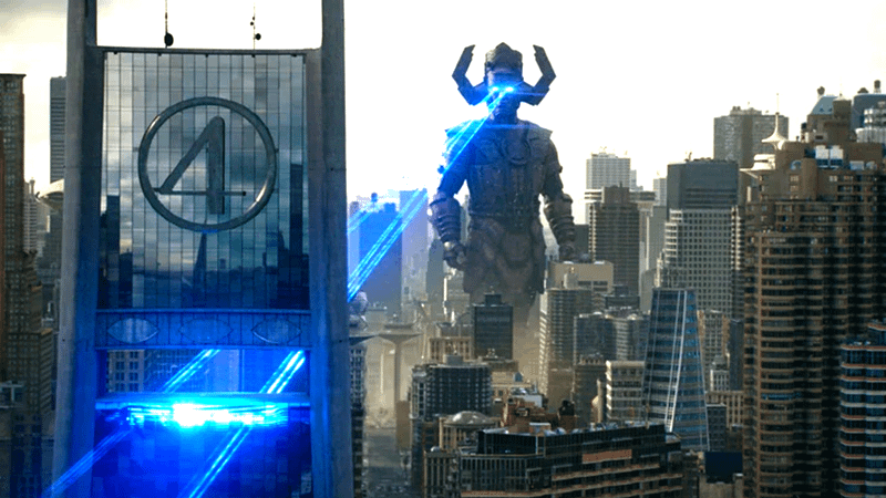 Galactus using laser eyes on a building in The Fantastic Four: First Steps