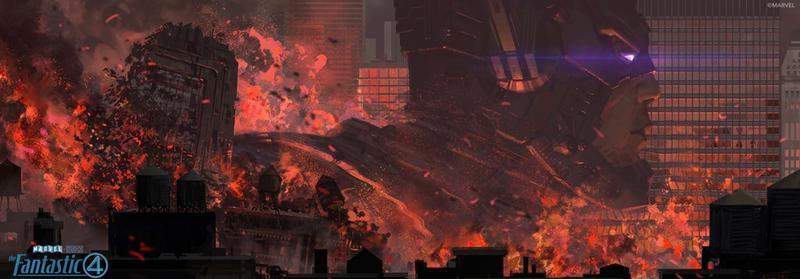 Galactus walking through a flaming street in Fantastic Four: First Steps