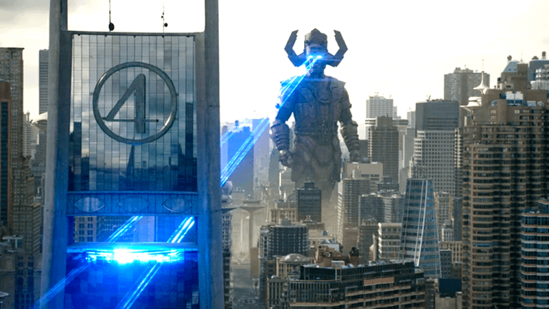 Galactus standing in New York City with beams shooting from his eyes in Fantastic Four: First Steps