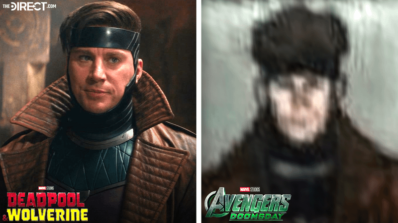 Channing Tatum wearing Gambit costume in 'Deadpool and Wolverine' next to stitched Gambit costume design from 'Avengers: Doomsday.'