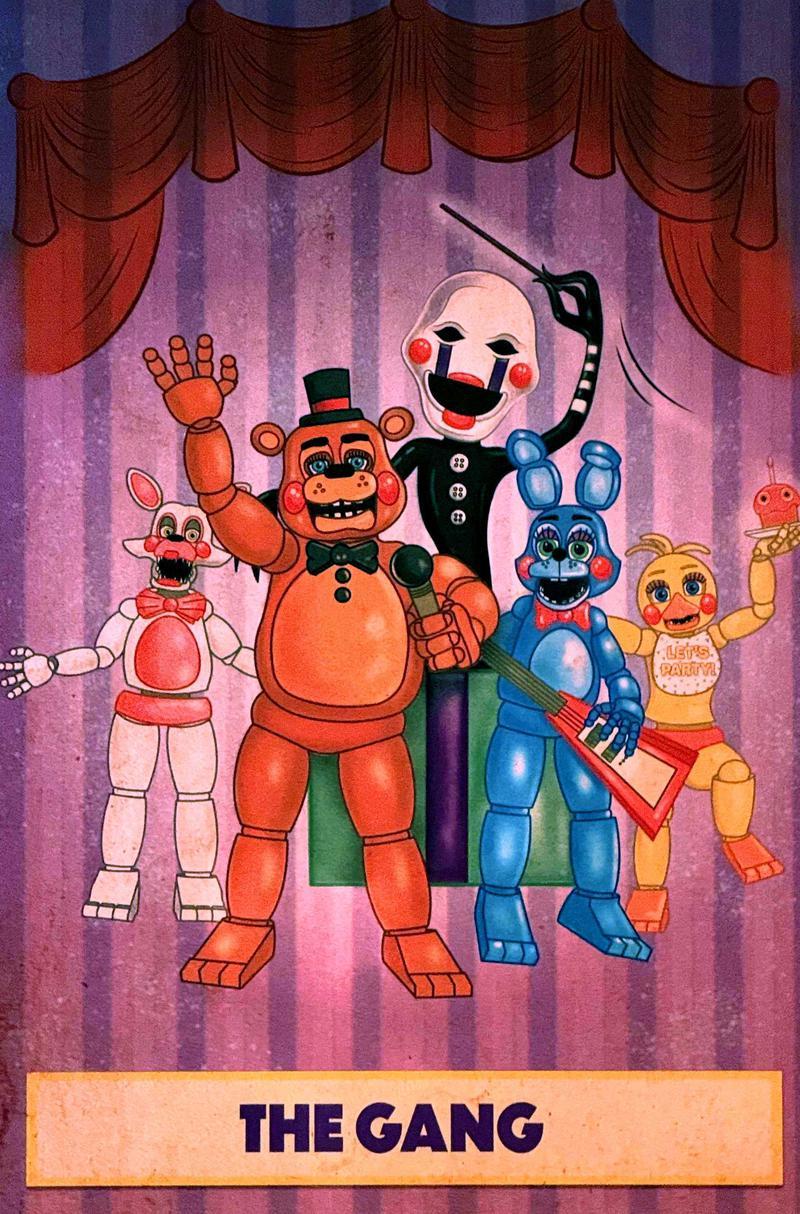 Five Nights at Freddy's 2 gang Freddy, Foxy, Bonnie, Chica, Marionette