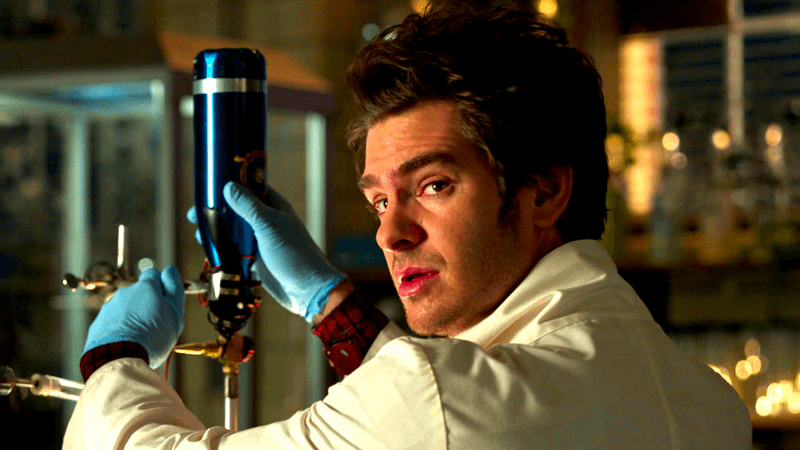 Andrew Garfield Spider-Man in lab in No Way Home.