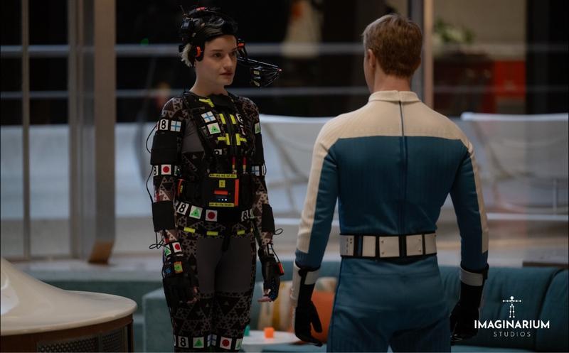 The Fantastic Four Silver Surfer, Julia Garner mo-cap with Joseph Quinn in Baxter Building.