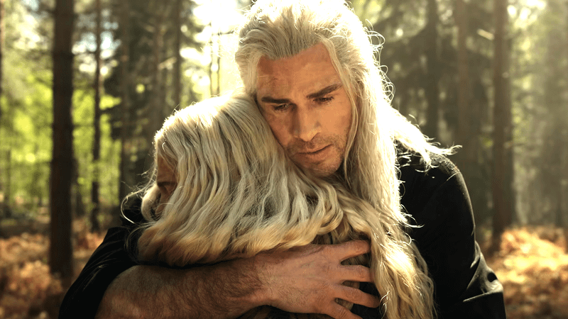 Liam Hemsworth as Geralt of Rivia holding Ciri in The Witcher Season 4