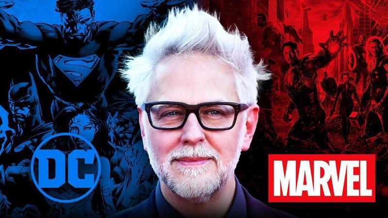 James Gunn with DC and Marvel logos.