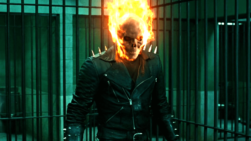 Johnny Blaze with a flaming head in Ghost Rider.