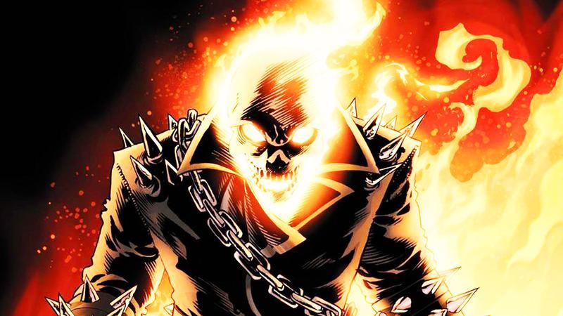 Ghost Rider with flaming head in Marvel Comics.