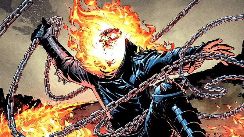 Ghost Rider surrounded by chains in Marvel Comics.