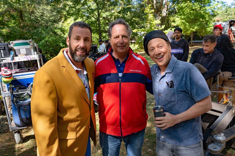 Rob Schneider, Adam Sandler, and Jon Lovtiz on the set of Happy Gilmore 2