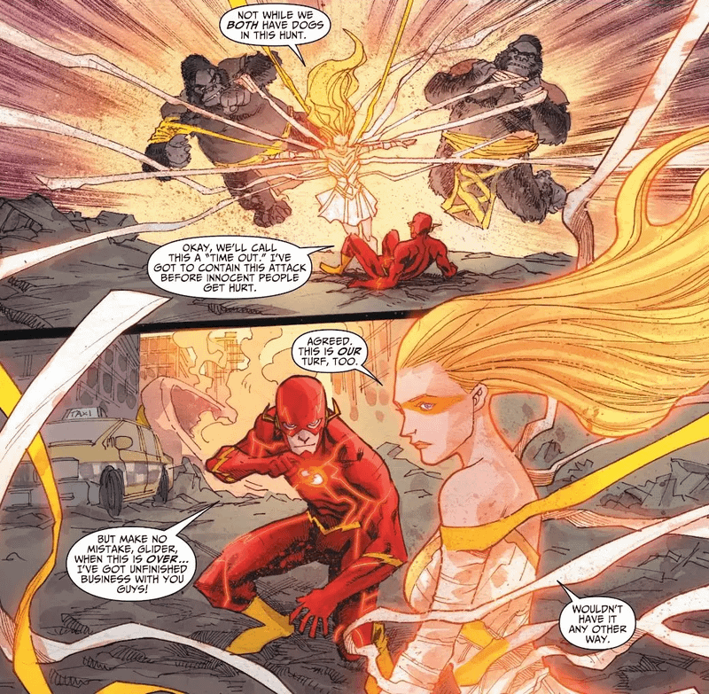 Lisa Snart's Golden Glider helping The Flash by subduing gorillas in Grodd's army using her powers.