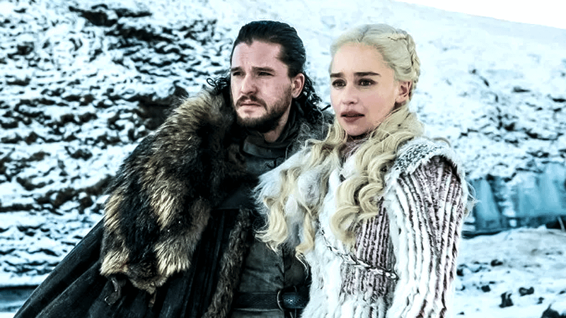 Kit Harington and Emilia Clarke as Jon Snow and Daenerys Targaryen in Game of Thrones.