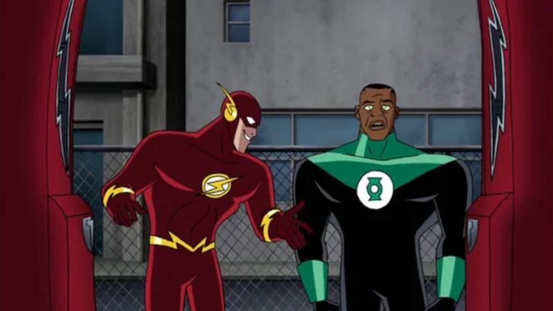 Flash showing Green Lantern something in Justice League.