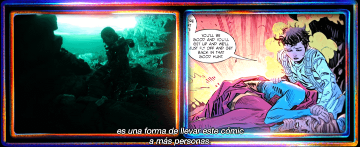 Ruthye and Supergirl on a planet with a green sun from the movie on the left and from the comics on the right.