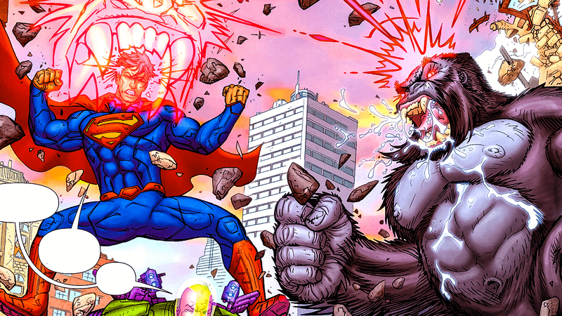 Gorilla Grodd and Superman fighting in DC Comics.